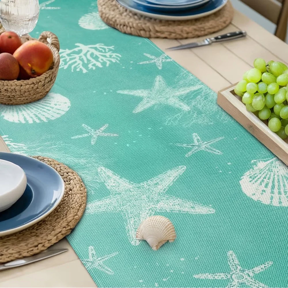 Bonhause Turquoise Coastal Ocean Table Runner 13x72 Inch Teal Blue Beach